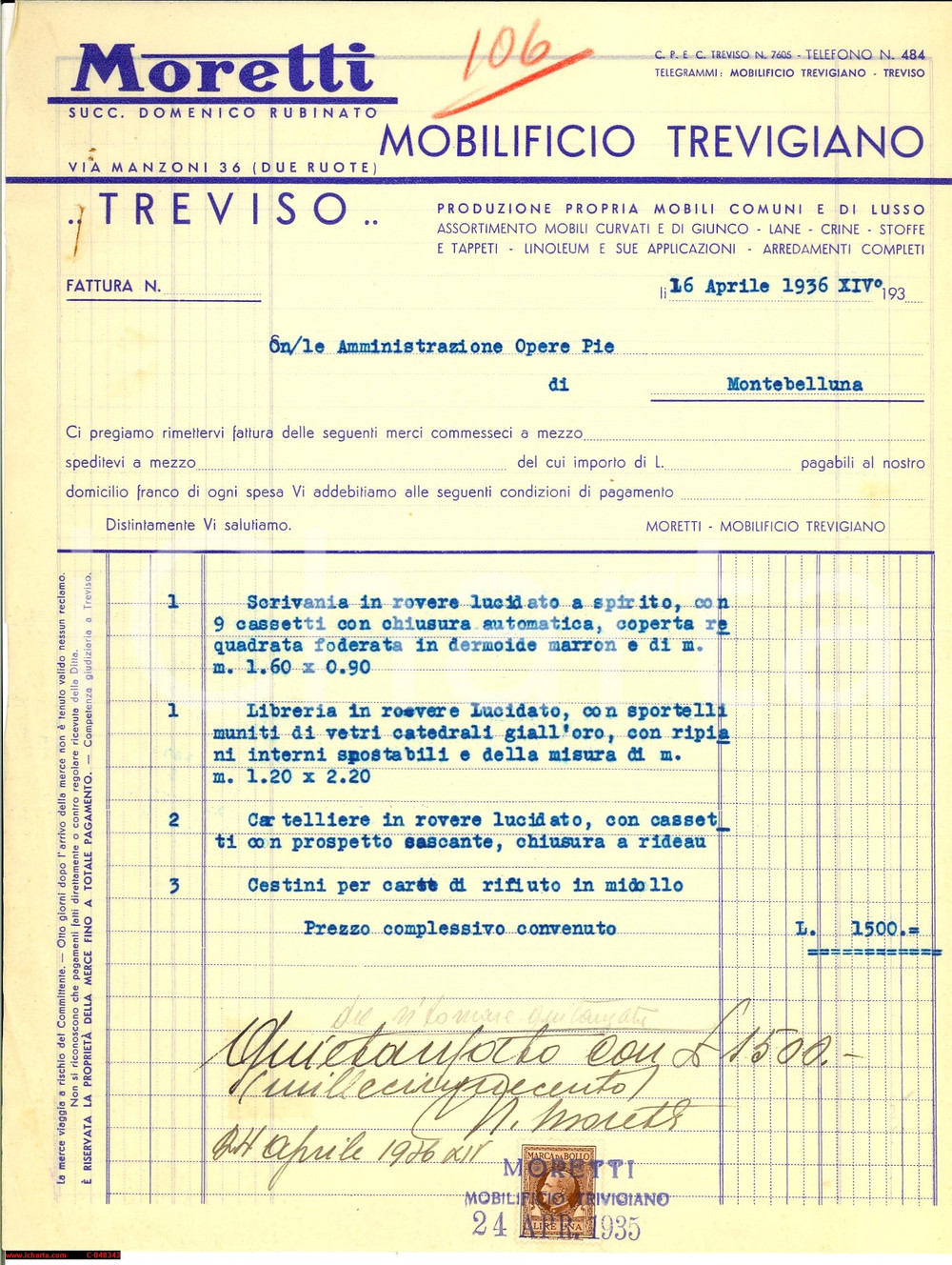 Documento originale, autentico 1936 TREVISO Mobili MORETTI per Opere Pie MONTEBELLUNA 1