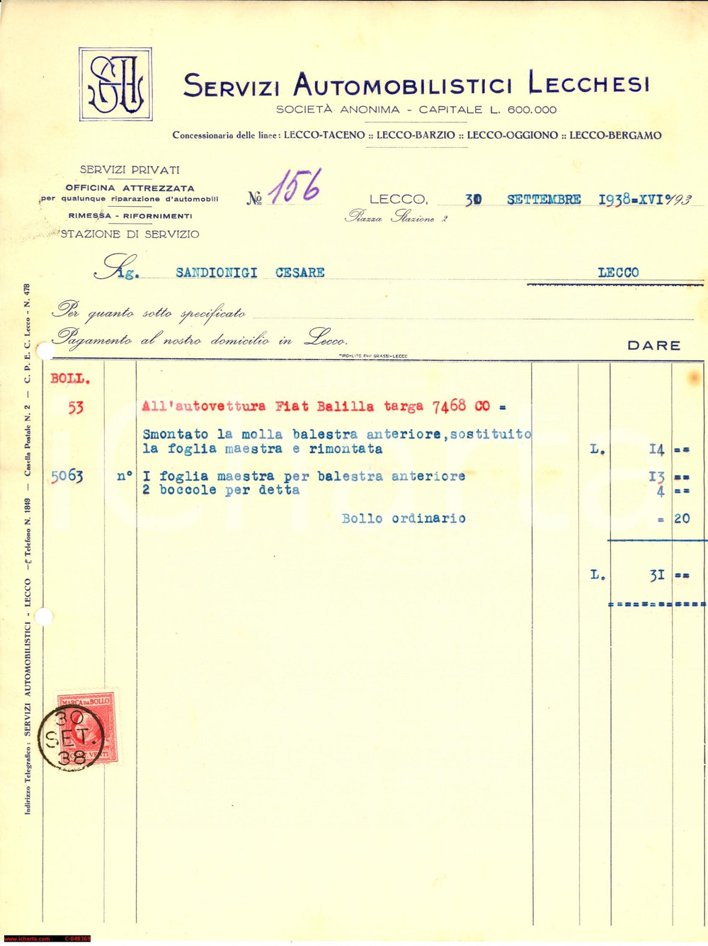Documento originale, autentico 1938 LECCO Serv. Automobilistici Lecchesi FIAT Balilla 1