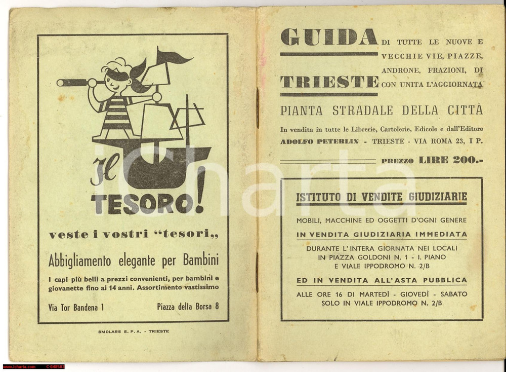 Materiale pubblicitario d’epoca 1940 ca TRIESTE Guida e stradario della città 1