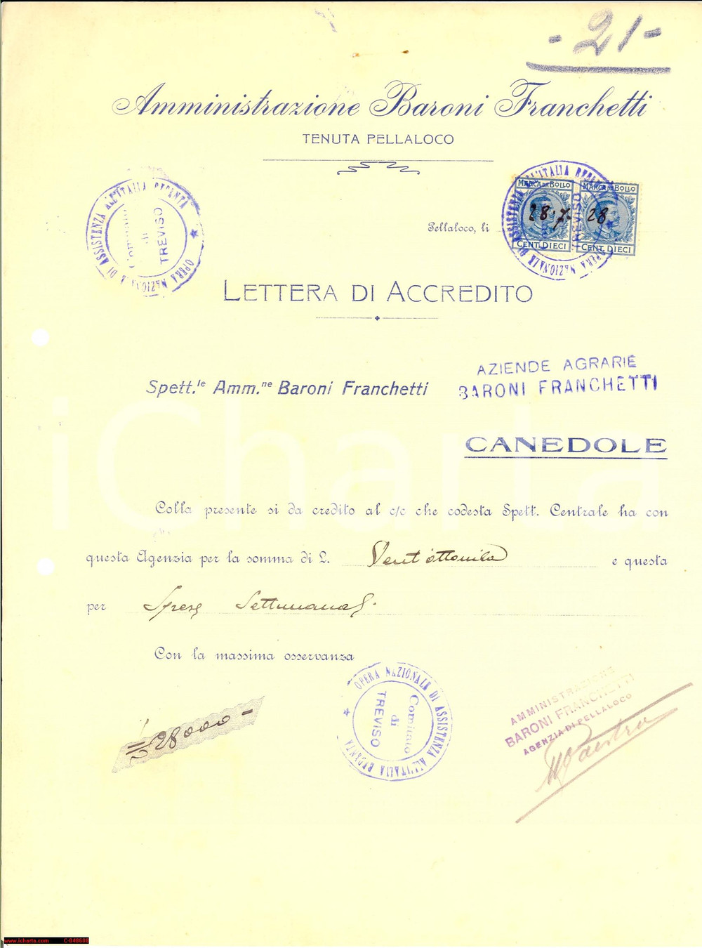 Documento originale, autentico 1928 PELLALOCO (MN) Lettera accredito baroni FRANCHETTI 1