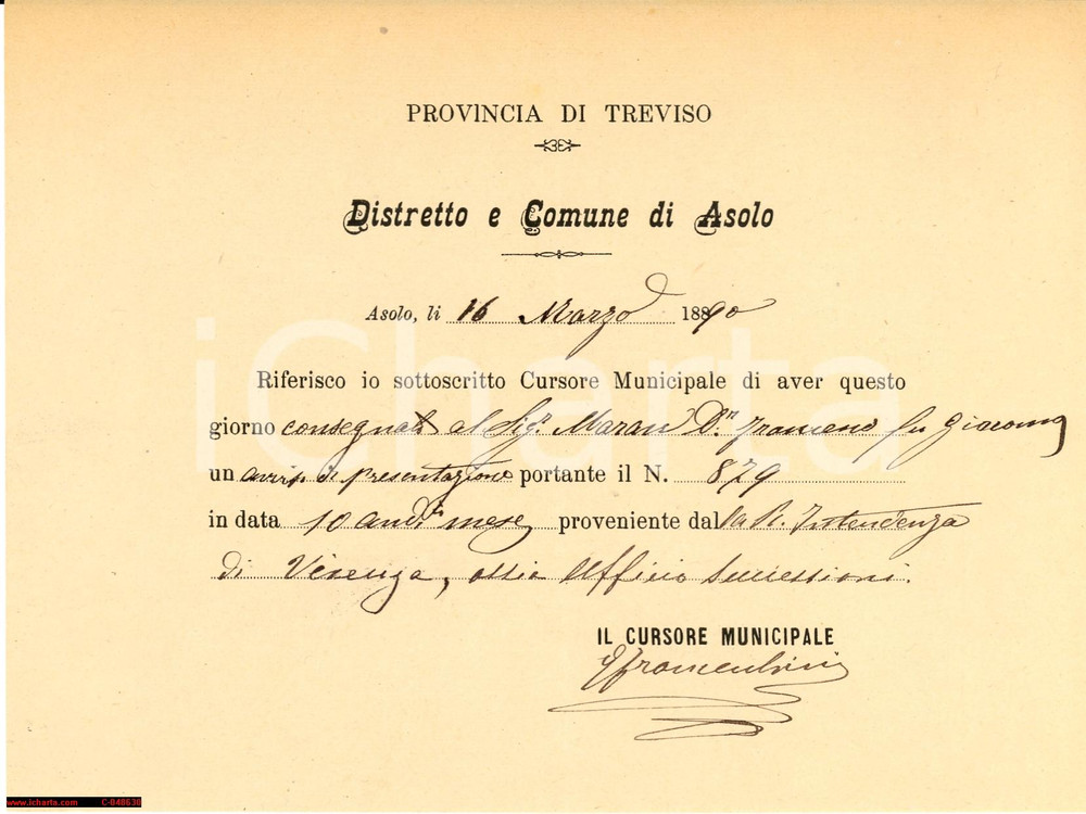 Documento originale, autentico 1890 ASOLO (TV) Convocazione di Francesco MARAN 1