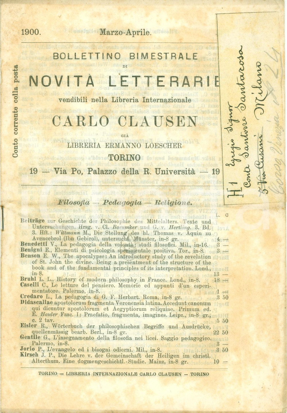 Libro, pubblicazione d'epoca 1900 TORINO Catalogo Libreria Internaz. Carlo CLAUSEN 1