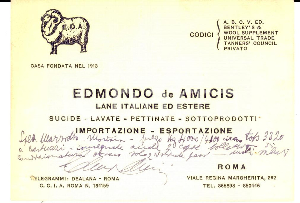 Materiale pubblicitario d’epoca 1950 ca ROMA Edmondo DE AMICIS Lane italiane ed estere Cartoncino pubblicitario 1