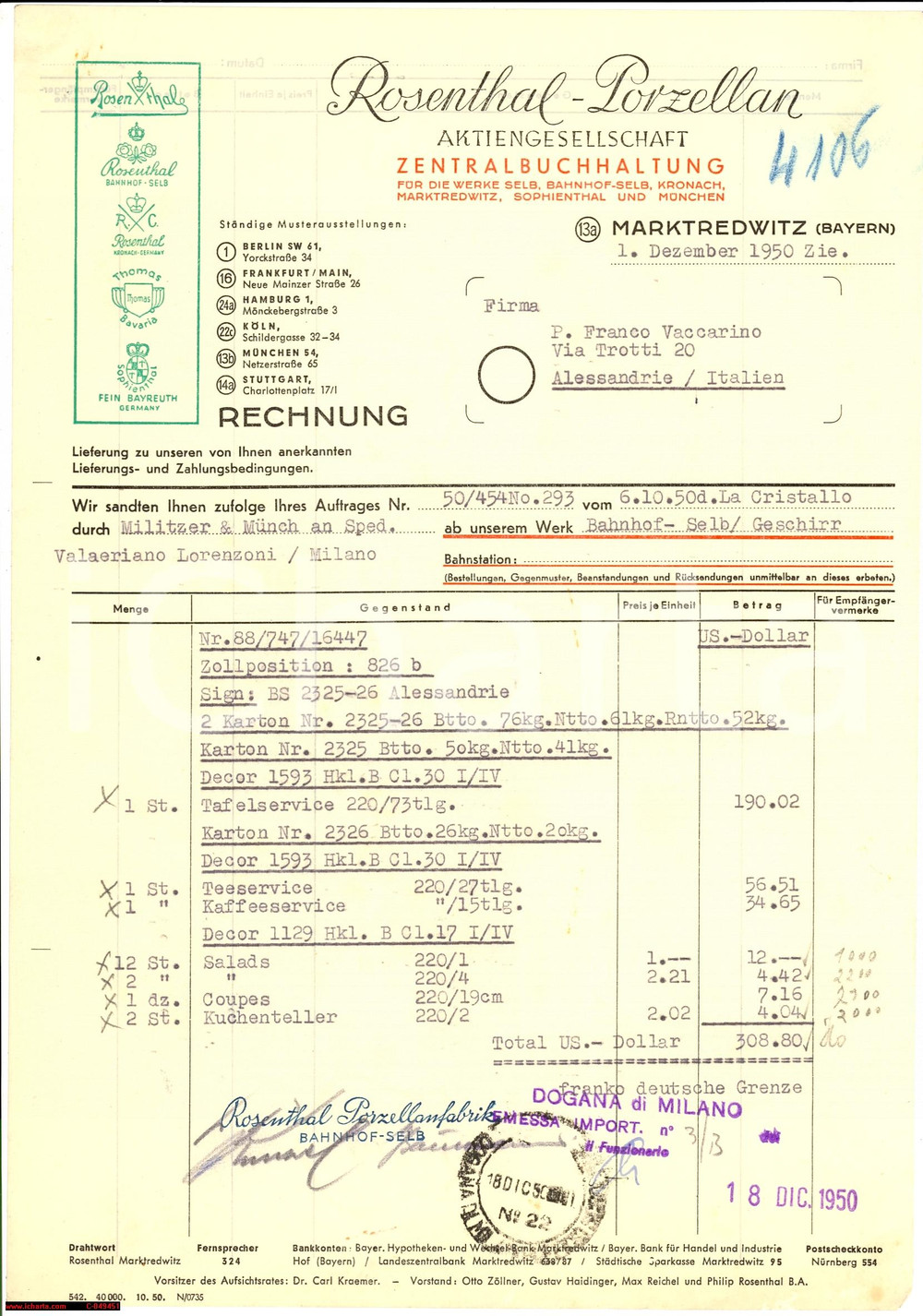 Documento originale, autentico 1950 MARKTREDWITZ (DE) ROSENTHAL Porzellan 1