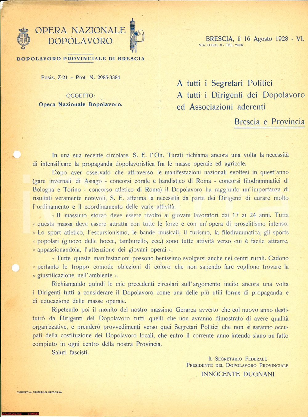 Documento originale, autentico 1928 OND BRESCIA Propaganda fra operai e agricoltori 1