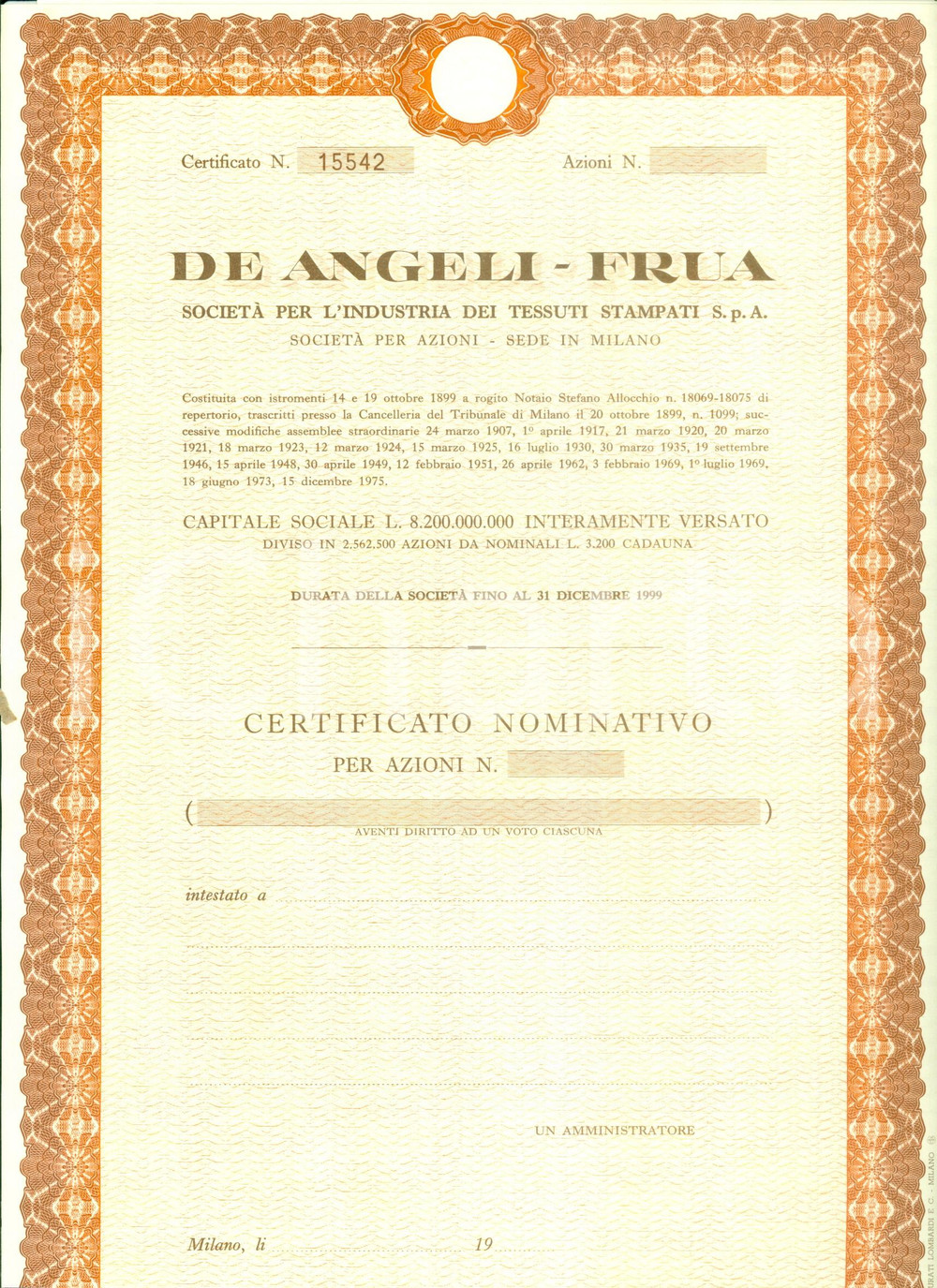 Oggetto da collezione cartaceo 1975 ca MILANO Tessuti stampati DE ANGELI-FRUA certificato azionario 29 CEDOLE 1 1