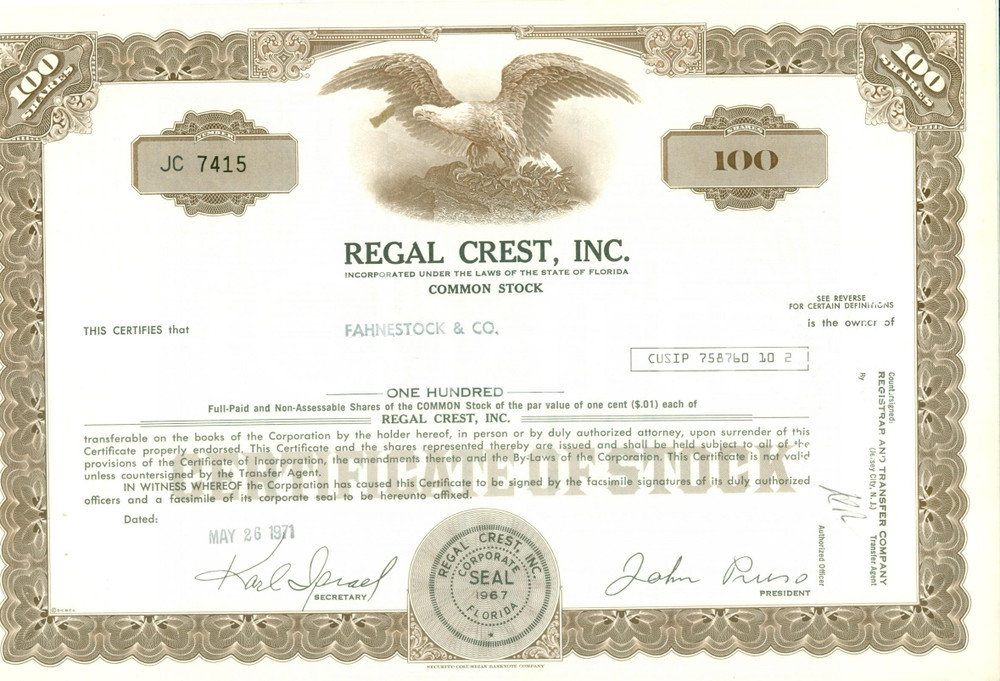 Oggetto da collezione cartaceo 1971 FLORIDA Common Stock REGAL CREST INC. Certificato azionario FAHNESTOCK & Co 1