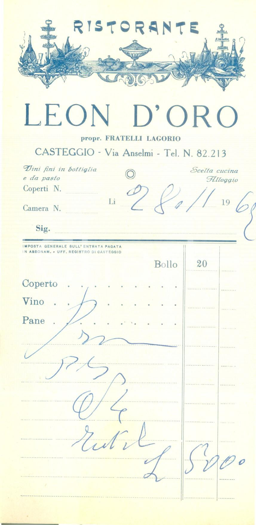 Documento originale, autentico 1969 CASTEGGIO PV Ristorante LEON D ORO Fratelli LAGORIO Ricevuta 1