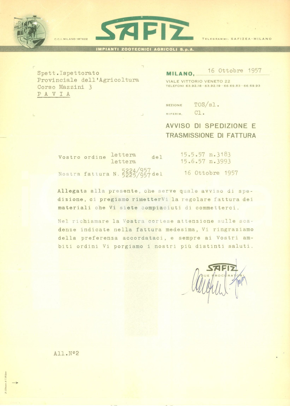 Documento originale, autentico 1957 MILANO Impianti Zootecnici Agricoli SAFIZ invia fattura commerciale 1