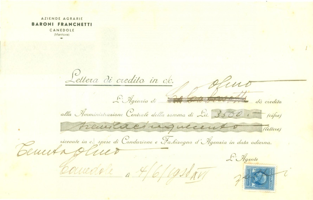 Documento originale, autentico 1938 CANEDOLE (MN) Aziende Agrarie Baroni FRANCHETTI Lettera di credito 1
