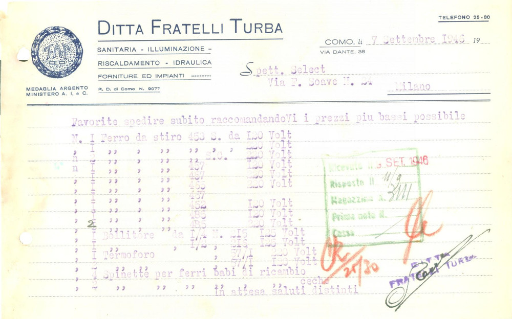 Documento originale, autentico 1946 COMO Ditta Fratelli TURBA Sanitaria illuminazione riscaldamento *Fattura 1