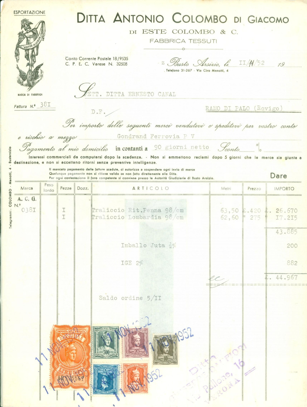 Documento originale, autentico 1952 BUSTO ARSIZIO (VA) Ditta Antonio COLOMBO Fabbrica tessuti *Fattura 1