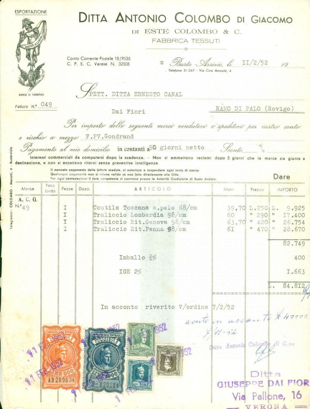 Documento originale, autentico 1952 BUSTO ARSIZIO (VA) Ditta Antonio COLOMBO Fabbrica tessuti Fattura 1