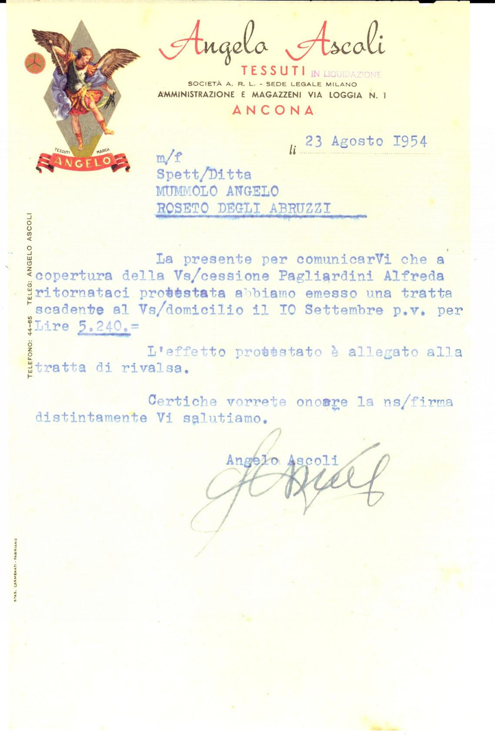Manoscritto, lettera originale 1954 ANCONA Angelo ASCOLI tessuti  Ditta in liquidazione Carta intestata 1