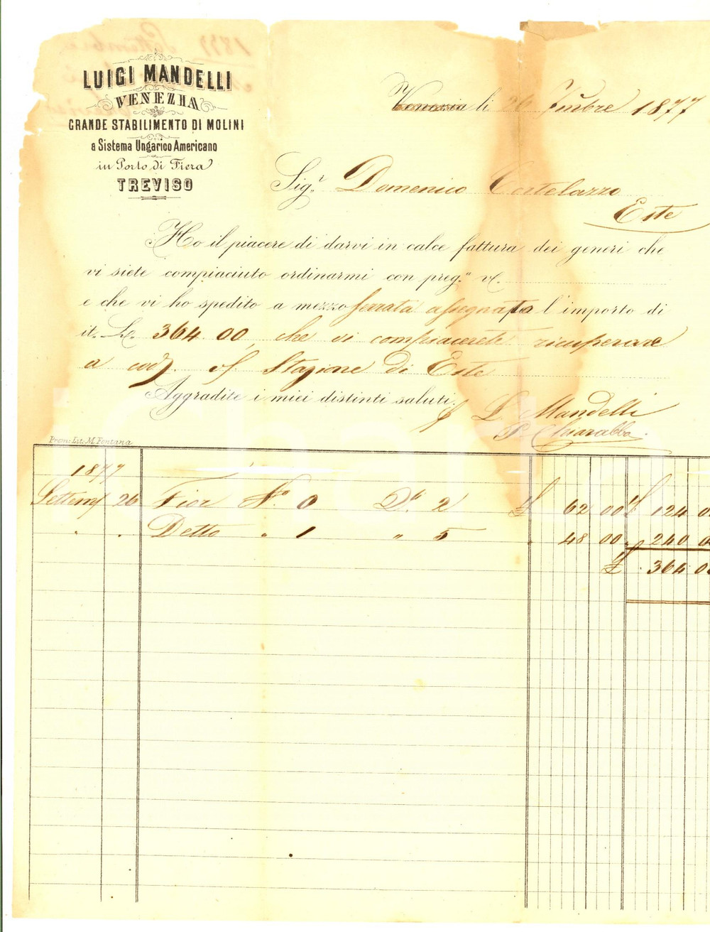 Documento originale, autentico 1887 VENEZIA Luigi MANDELLI stabilimento molini *Fattura GRAVEMENTE DANNEGGIATA 1