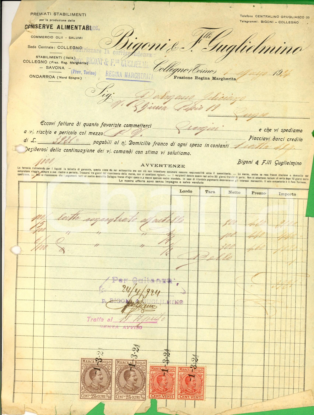 Documento originale, autentico 1924 COLLEGNO TO BIGONI & F.lli GUGLIELMINO Conserve alimentari Fattura 1