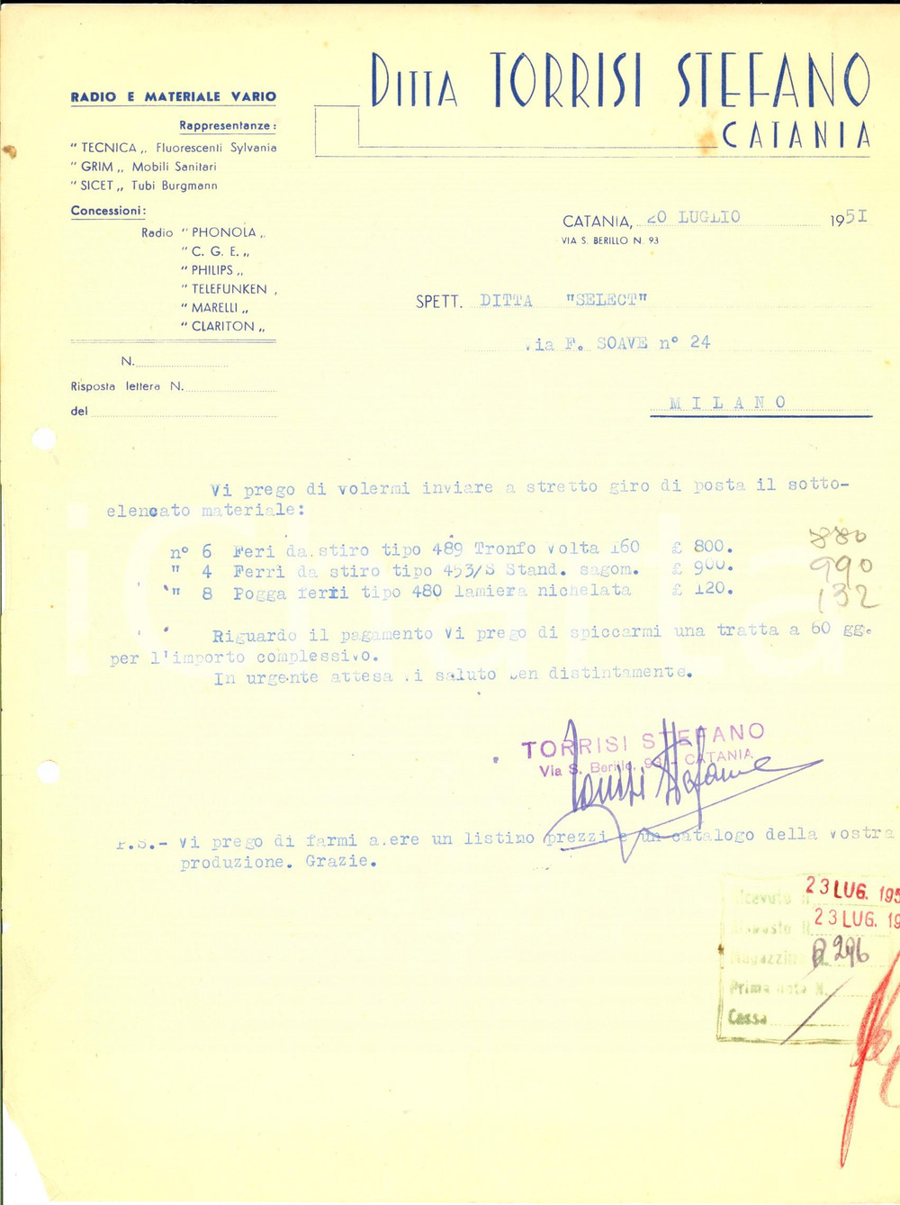 Documento originale, autentico 1951 CATANIA Ditta Stefano TORRISI Radio e materiale vario *Fattura intestata 1