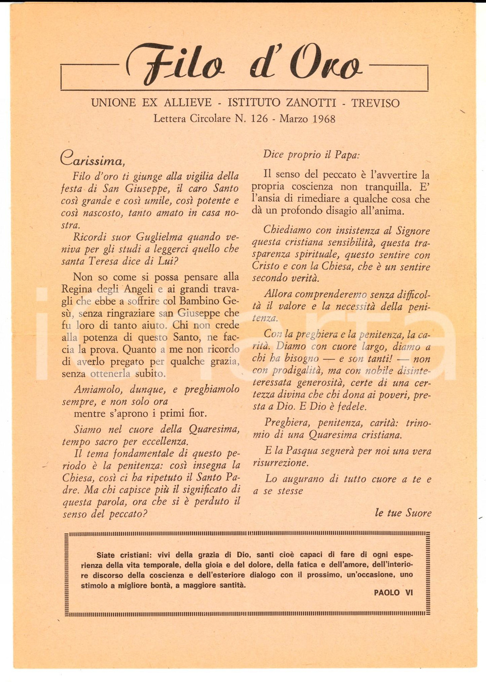 Giornale, rivista storica 1968 TREVISO FILO D ORO Ex Allieve Istituto ZANOTTI  Morte suor Amabile PAVAN 1
