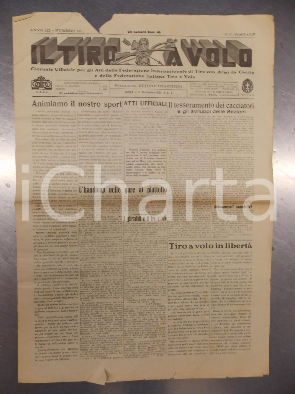 Giornale, rivista storica 1931 IL TIRO A VOLO Dobbiamo amare il tiro al piccione *Giornale DANNEGGIATO 1