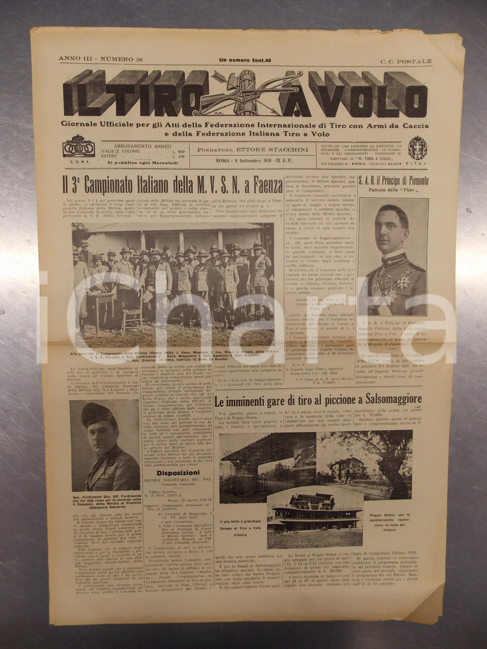 Giornale, rivista storica 1931 IL TIRO A VOLO Campionato Italiano della MVSN a FAENZA *Giornale 1
