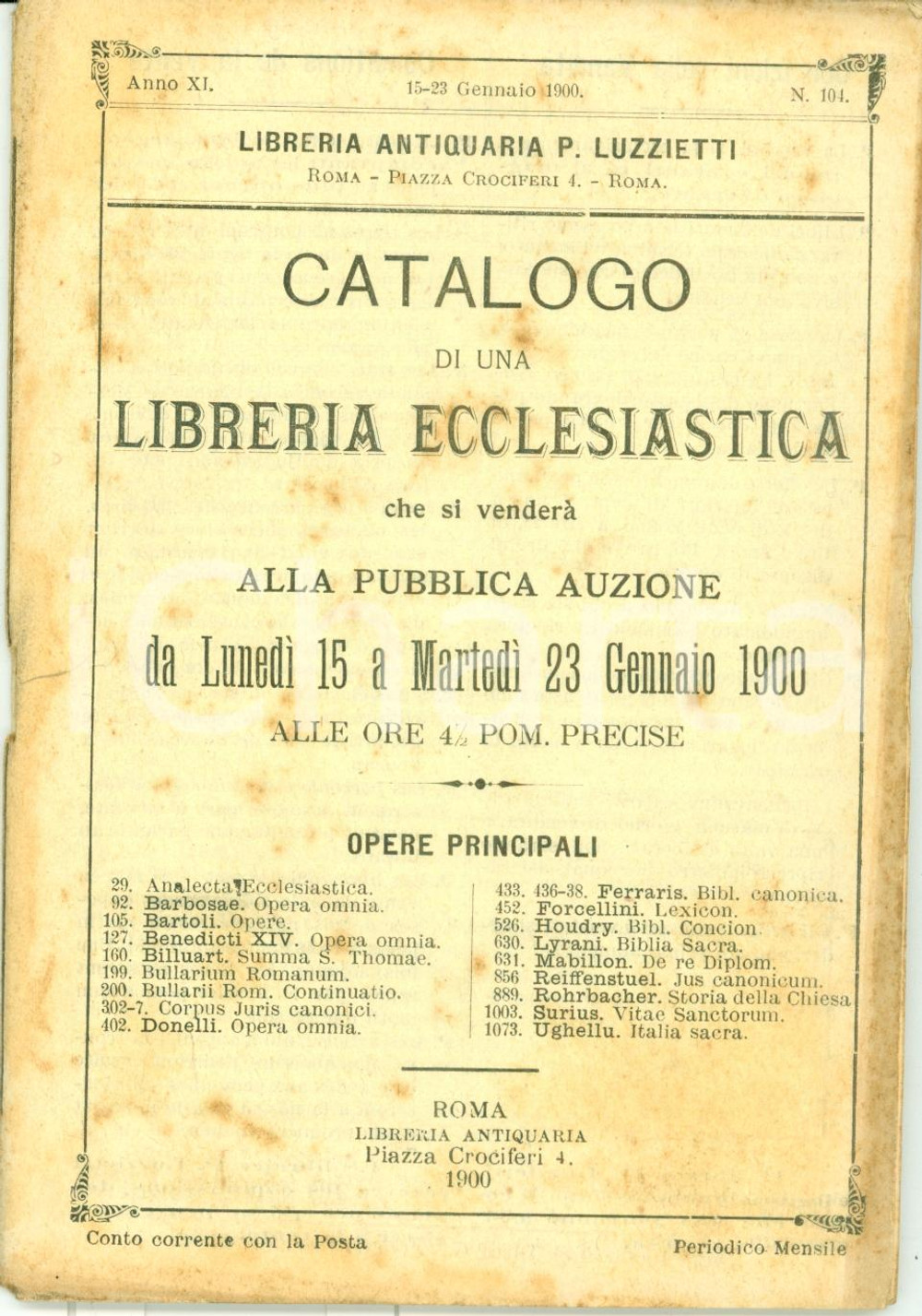 Libro, pubblicazione d epoca 1900 ROMA Libreria antiquaria LUZZIETTI Asta biblioteca ecclesiastica Catalogo 1