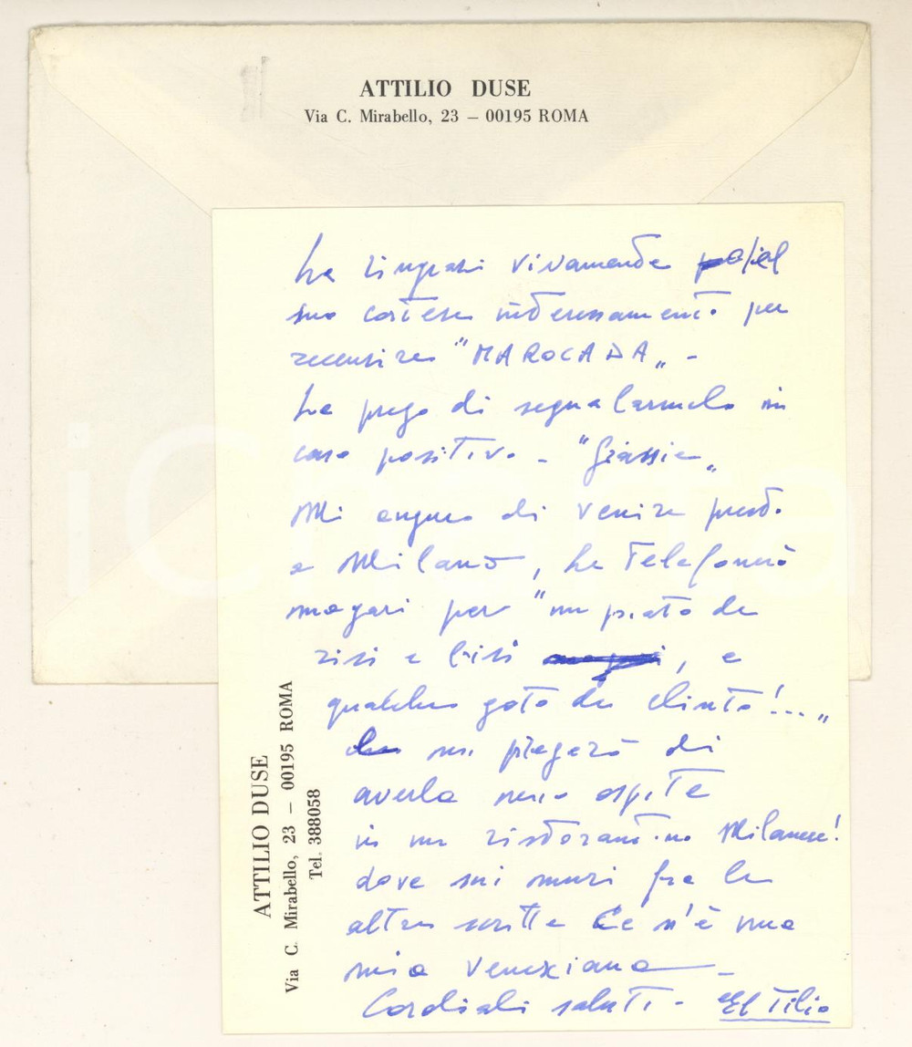 Autografo originale 1975 ROMA Biglietto Attilio DUSE  La mia Marocada in buone acque Autografo 1