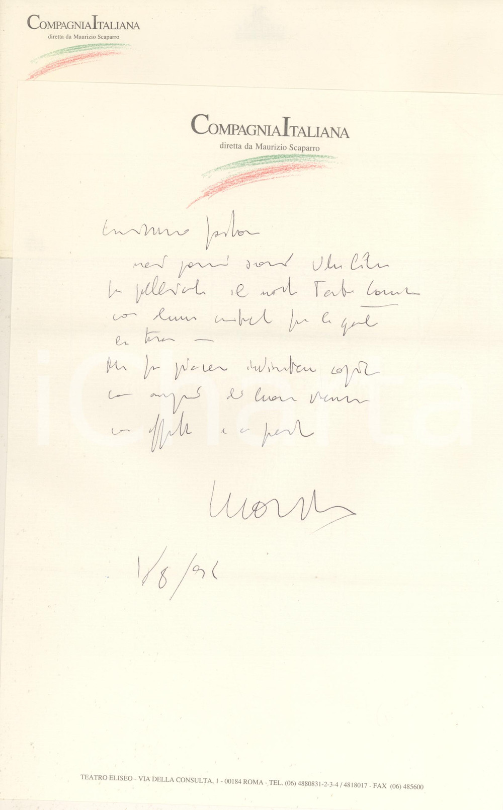 Autografo originale 1991 ROMA Compagnia Italiana  Lettera Maurizio SCAPARRO direttore Autografo 1
