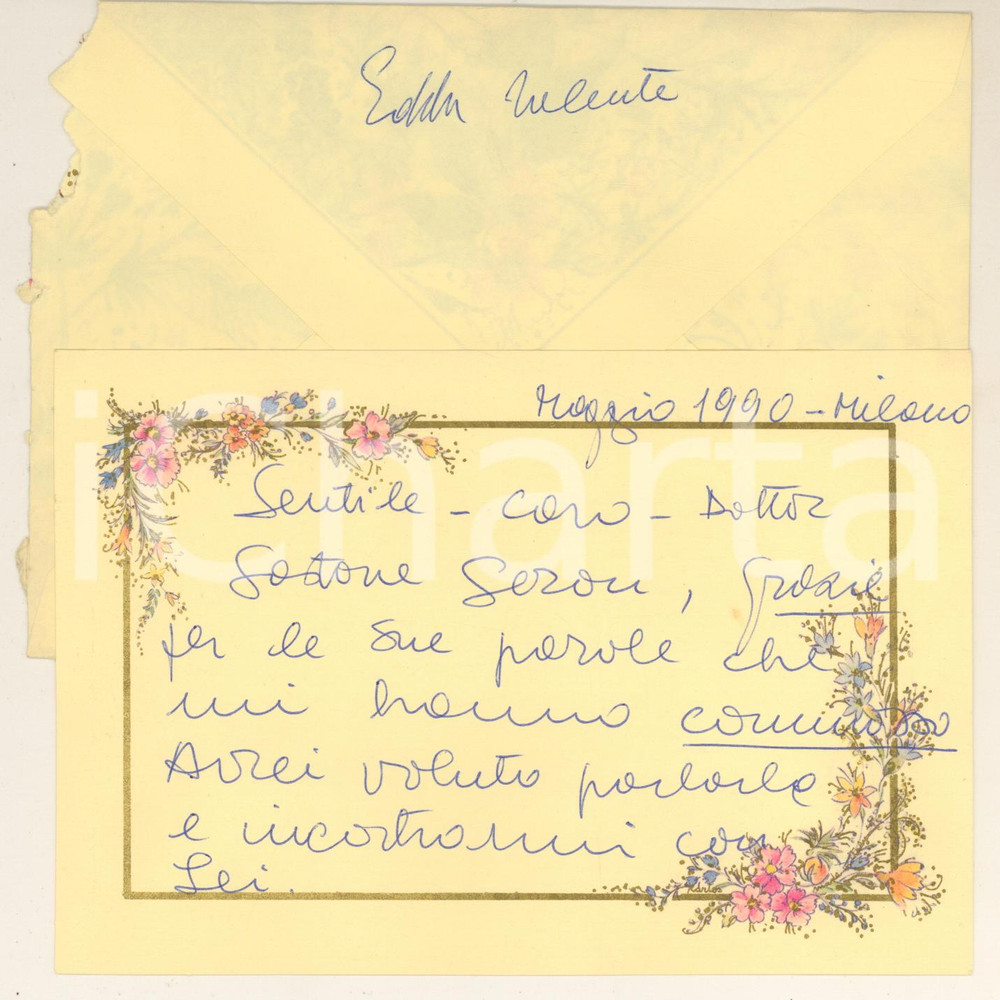 Autografo originale 1990 MILANO Biglietto Edda VALENTE attrice  Ringraziamento Autografo 1