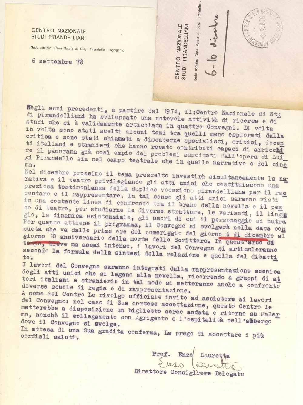 Autografo originale 1978 AGRIGENTO Centro Studi Pirandelliani  Lettera Ezio LAURETTA Autografo 1