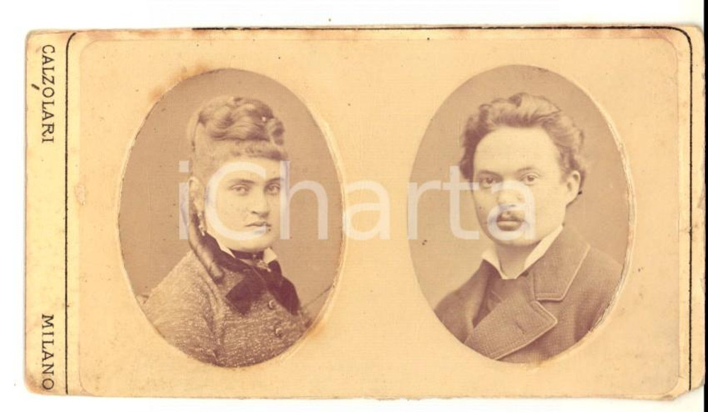 Fotografia d epoca originale 1870 ca MILANO Ritratto di una coppia di sposi Fotografia ICILIO CALZOLARI 1