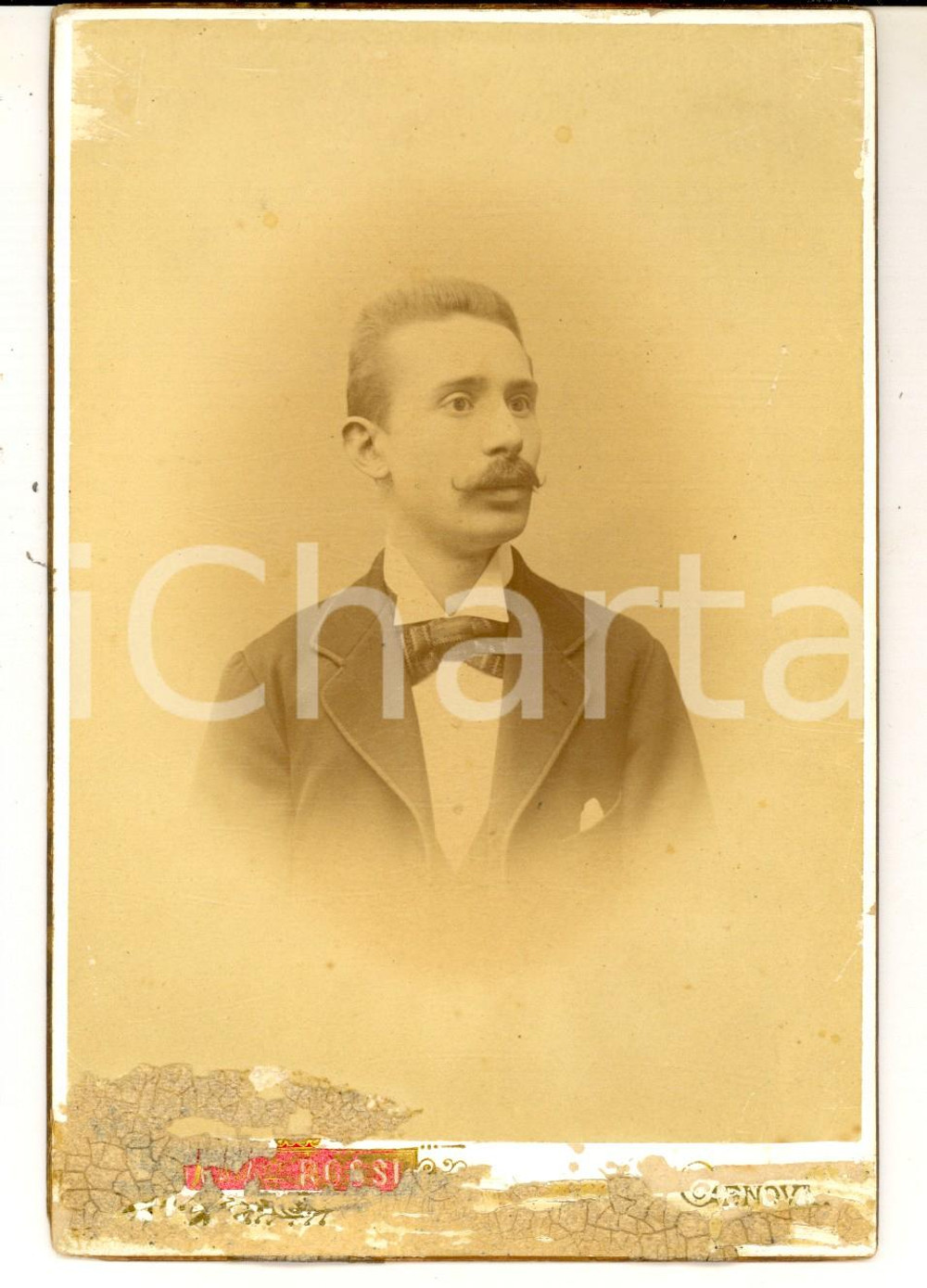 Fotografia d epoca originale 1880 ca GENOVA Ritratto maschile con cravattino a righe Foto GIULIO ROSSI 1