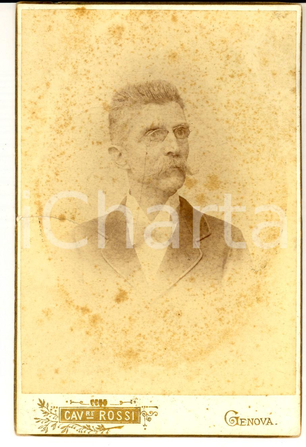 Fotografia d epoca originale 1880 ca GENOVA Ritratto maschile con gli occhiali Foto cav. GIULIO ROSSI 1