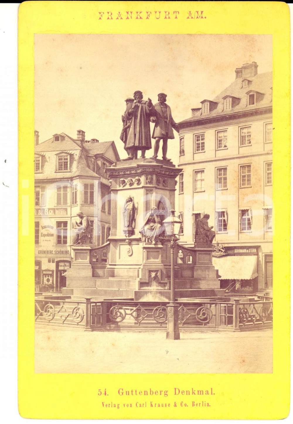 Fotografia d epoca originale 1880 FRANKURT AM MAIN Guttenberg Denkmal Foto Carl KRAUSE 17x11 cm 1