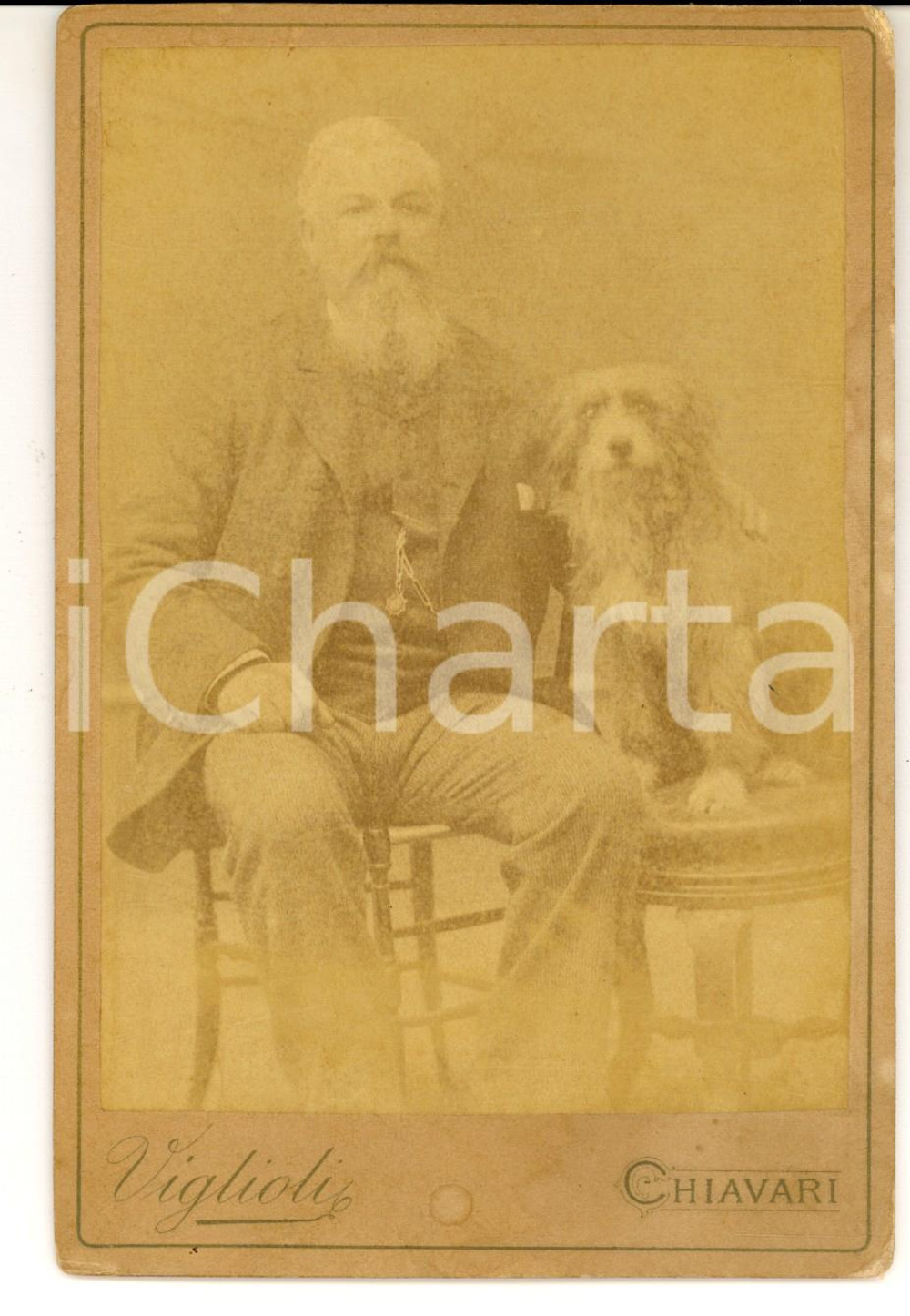 Fotografia d epoca originale 1890 ca CHIAVARI Ritratto di un uomo con il proprio cane Foto Antonio VIGLIOLI 1