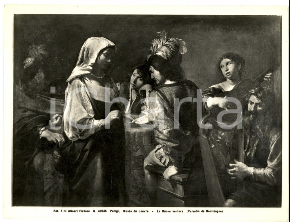Fotografia d epoca originale 1950 ca Valentin de BOULLOGNE La buona ventura Foto ALINARI quadro LOUVRE 1
