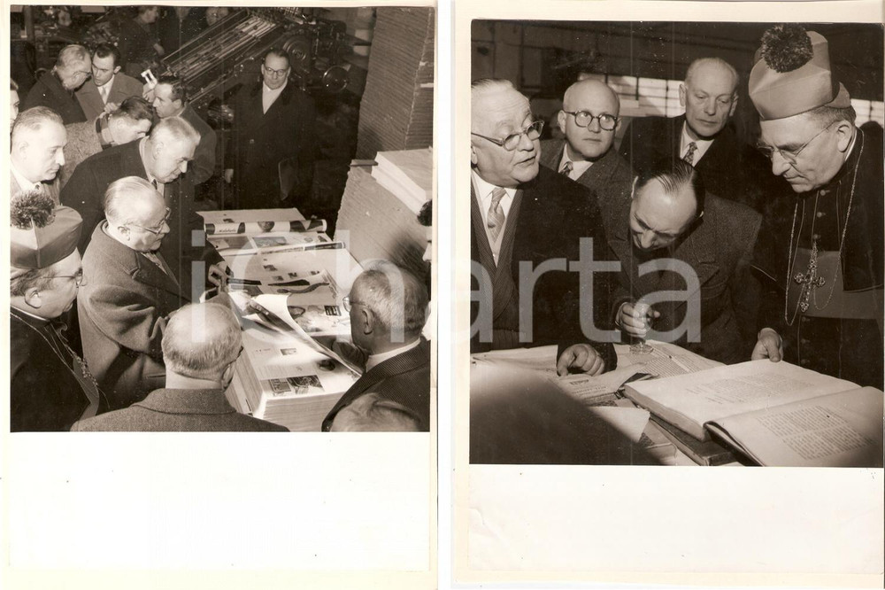 Fotografia d epoca originale 1955 PAVIA Monsignor Carlo ALLORIO visita Tipografia Mario PONZIO FRONTE RETRO 1