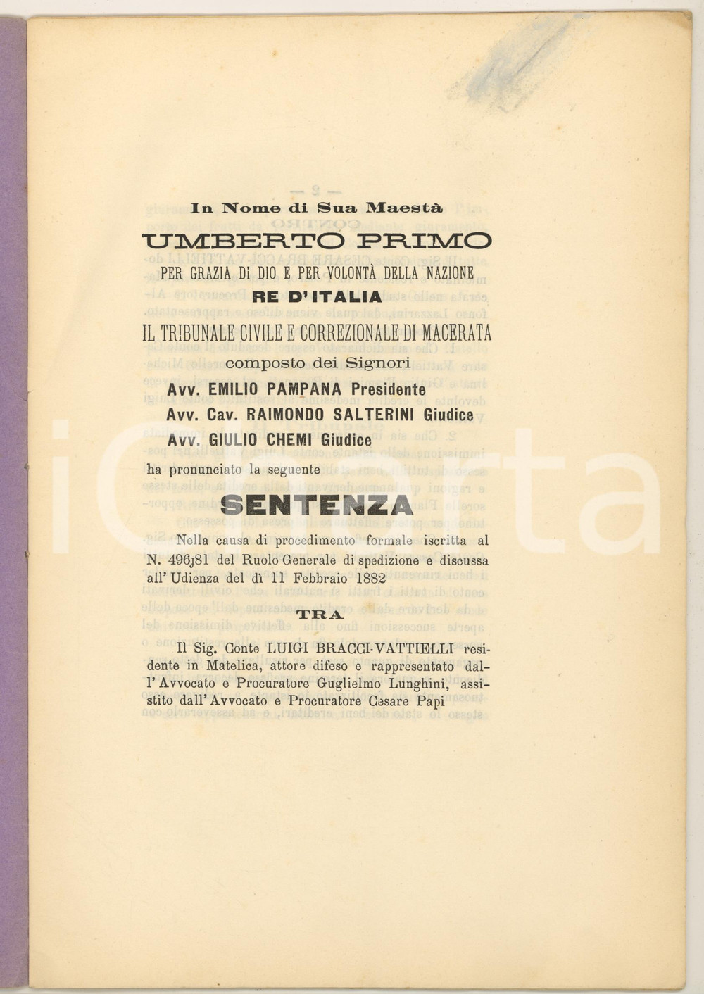 Libro, pubblicazione d epoca 1882 MACERATA Sentenza pro conte Luigi VATTIELLI erede sorelle FLAMINI 1