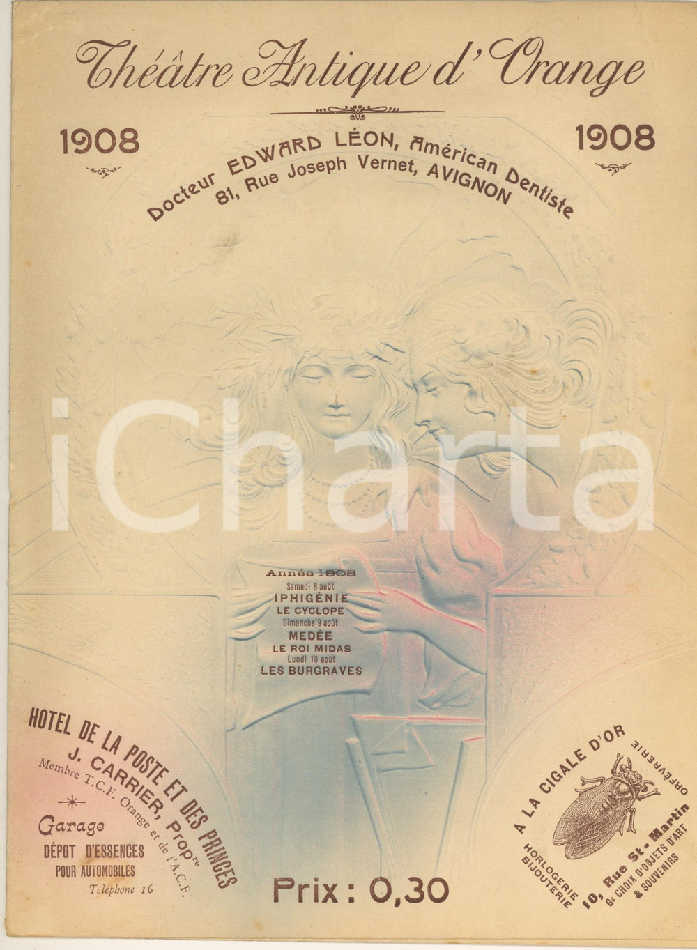 Materiale pubblicitario d’epoca 1908 ThÃ©Ã¢tre antique d ORANGE FRANCE  Programma pubblicitario 1