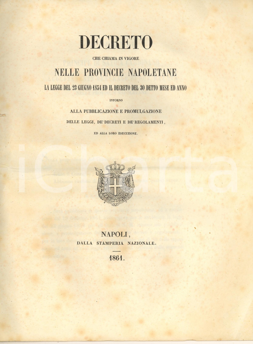 Libro, pubblicazione d epoca 1861 RISORGIMENTO NAPOLI Decreto che chiama in vigore la legge 23 giugno 1854 1