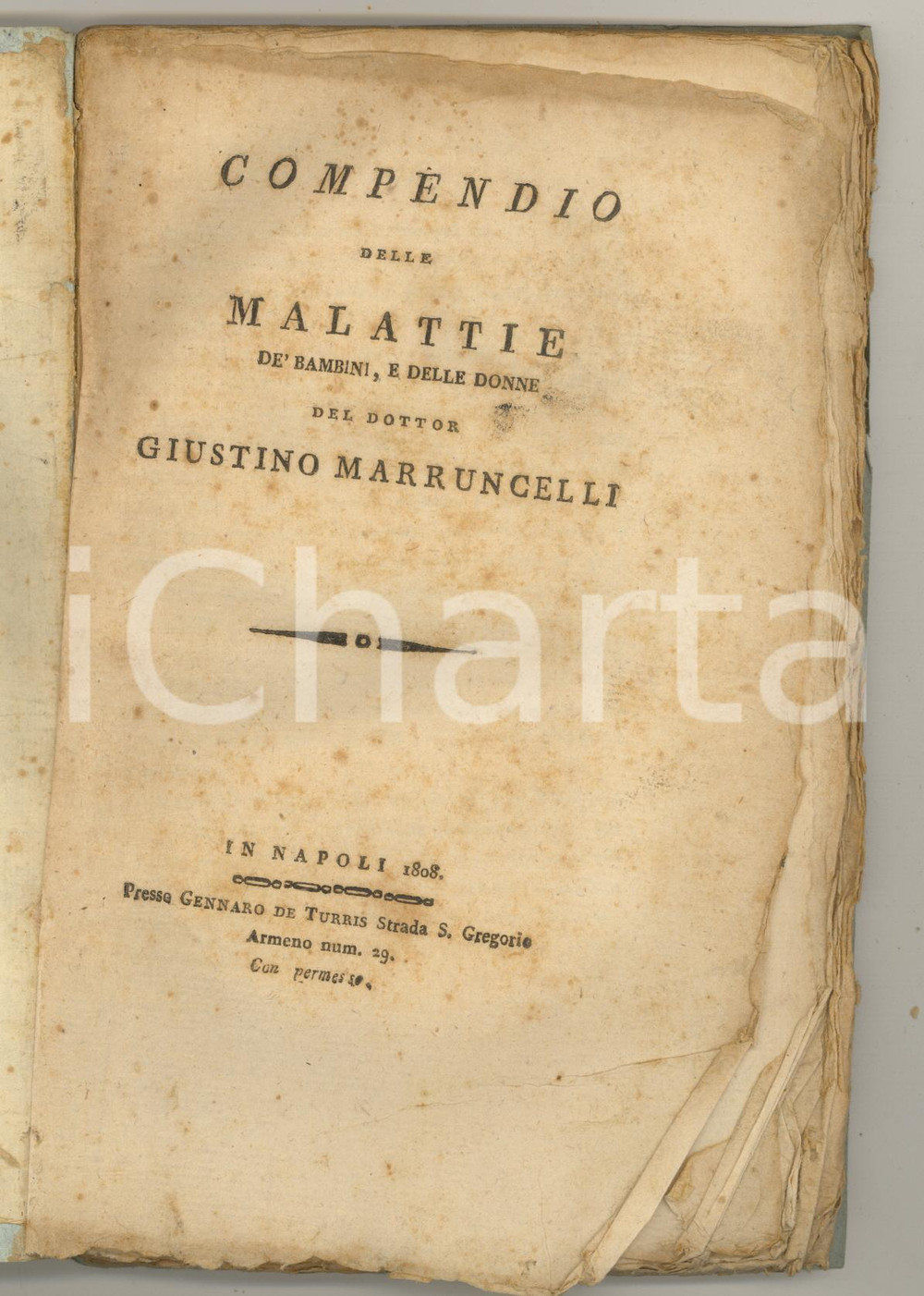 Libro, pubblicazione d epoca 1808 NAPOLI Giustino MARRUNCELLI Compendio malattie bambini donne DANNEGGIATO 1