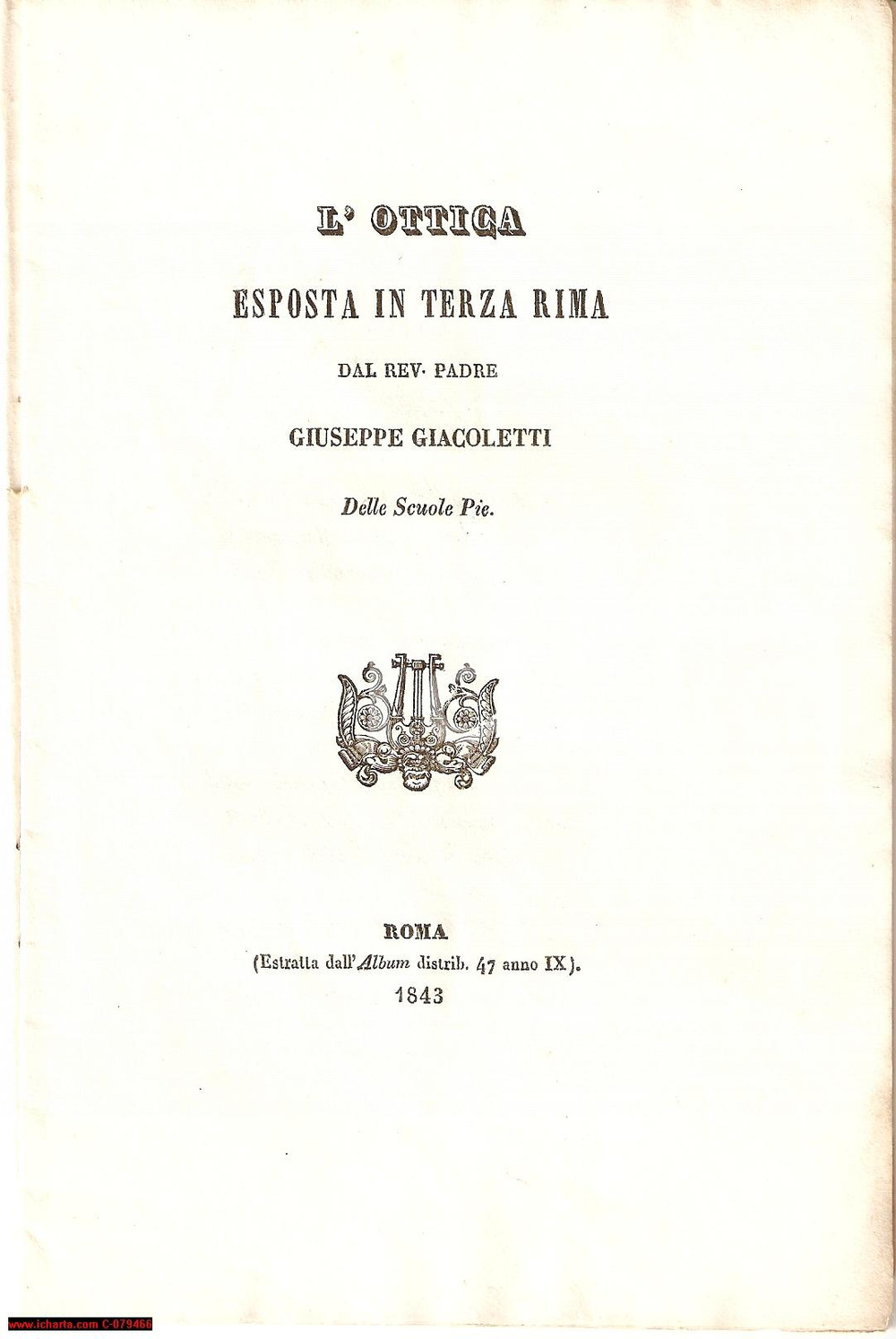 Libro, pubblicazione d epoca 1843 ROMA Padre Giuseppe GIACOLETTI L ottica esposta in terza rima 14 pp. 1