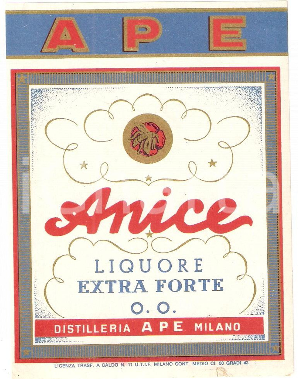 Materiale pubblicitario d’epoca 1970 ca MILANO Distilleria APE Liquore ANICE extra forte Etichetta 1