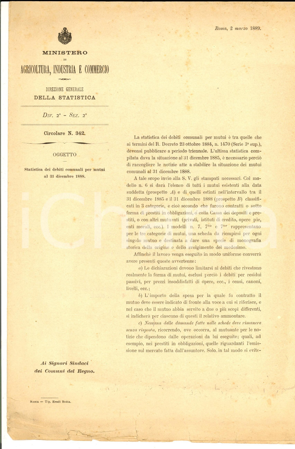 Documento originale, autentico 1889 ROMA MInistero Agricoltura  Statistica dei debiti comunali per mutui 1