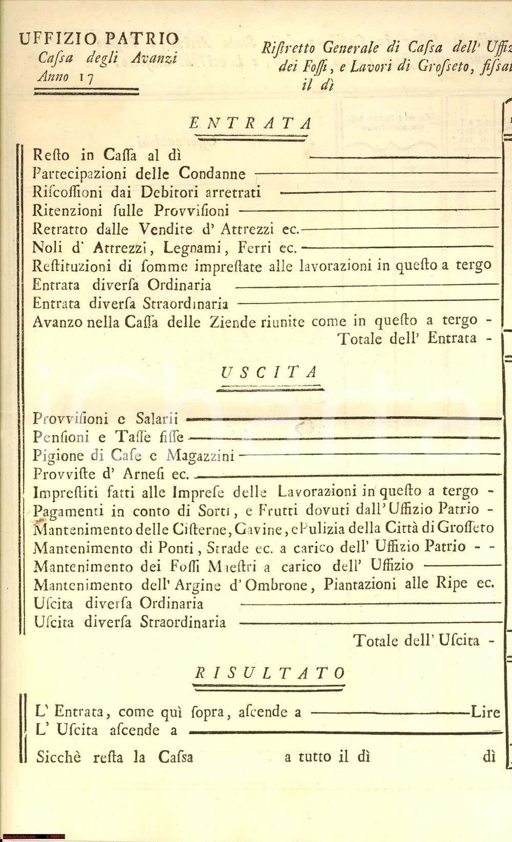 Documento originale, autentico 1750 ca GROSSETO Stato dell Uffizio Patrio dei Fossi 1