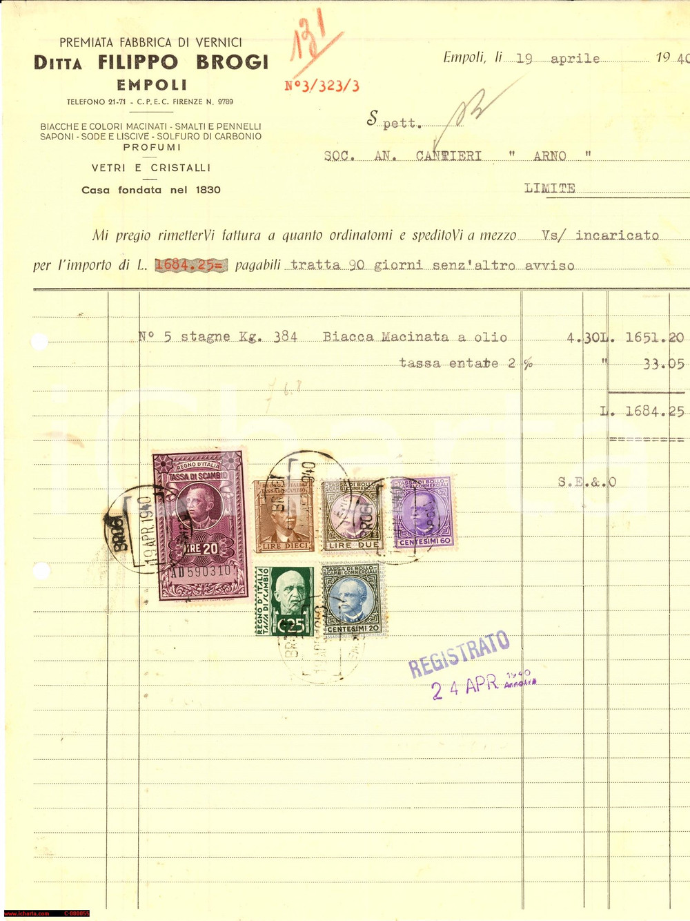 Manoscritto, lettera originale 1940 EMPOLI Premiata fabbrica di vernici Filippo BROGI 1