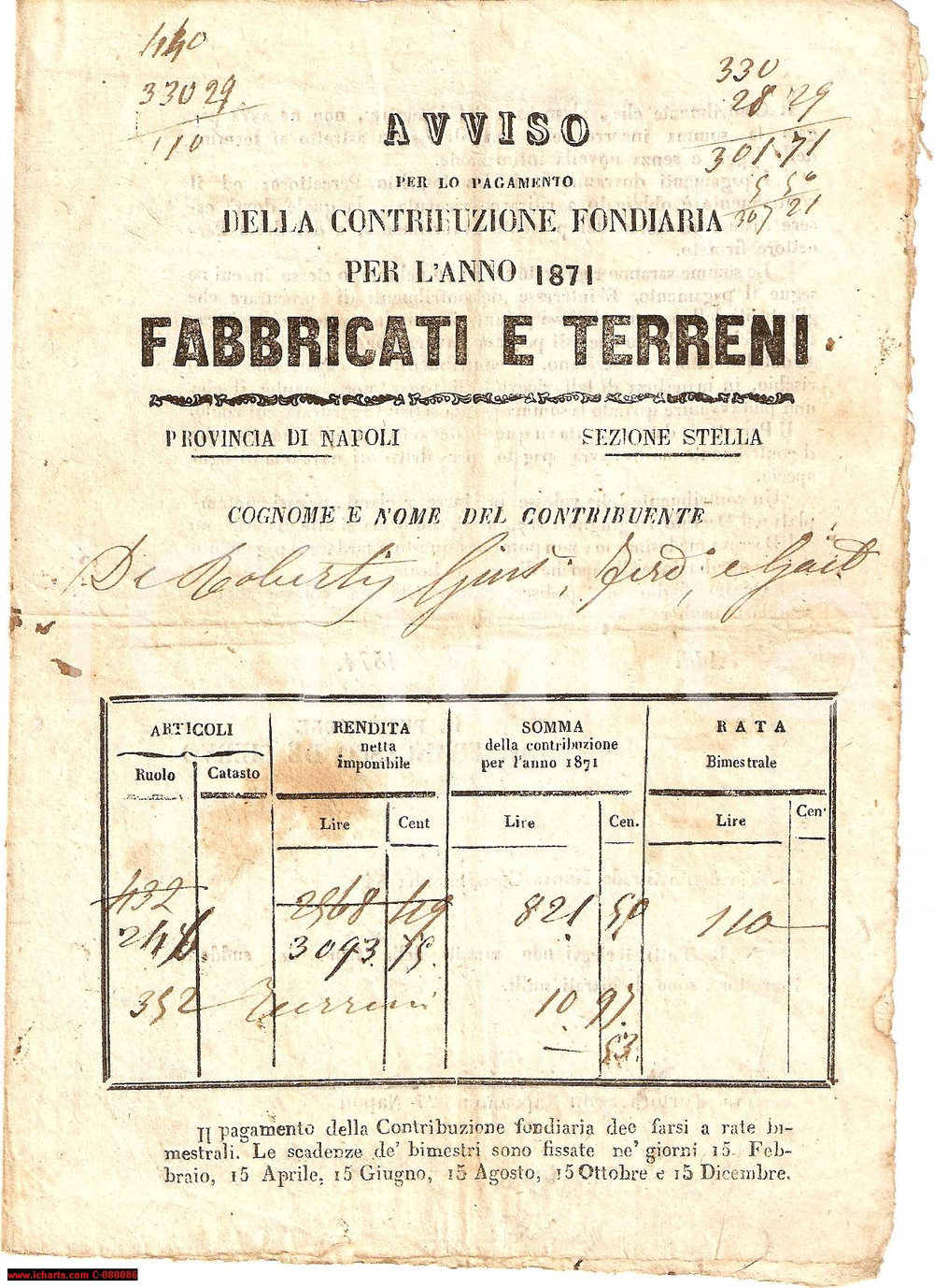 Documento originale, autentico 1871 NAPOLI Pagamenti per terreni Giuseppe DE ROBERTIS 1