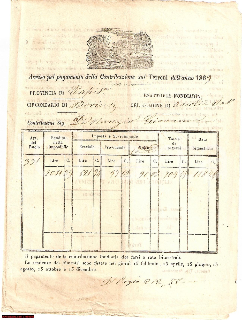 Documento originale, autentico 1869 ASCOLI SATRIANO FG Contributi su terre Giovanni DI NUNZIO 1
