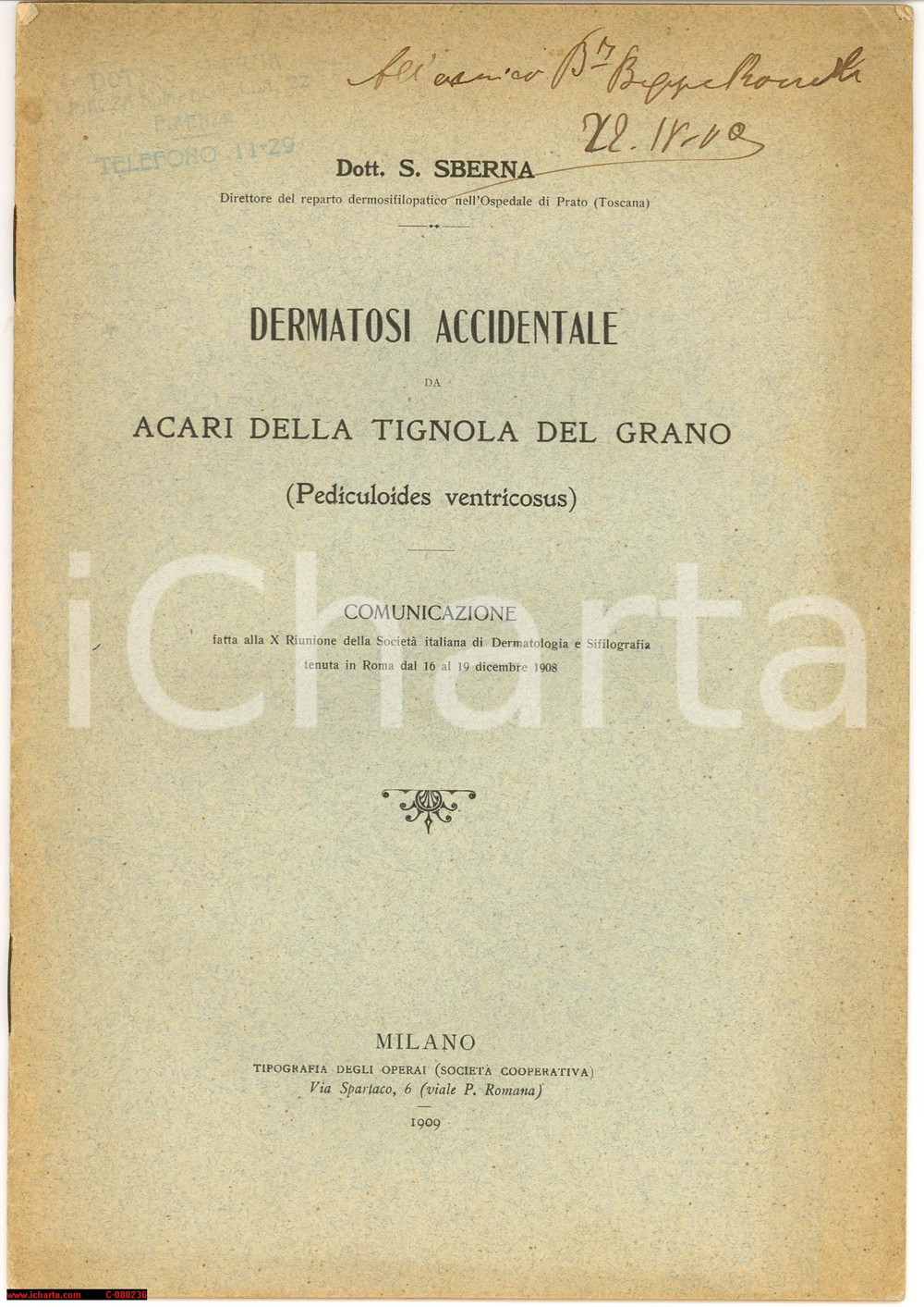 Oggetto da collezione cartaceo 1909 S. SBERNA Dermatosi accidentale: acari della tignola del grano AUTOGRAFATO 1