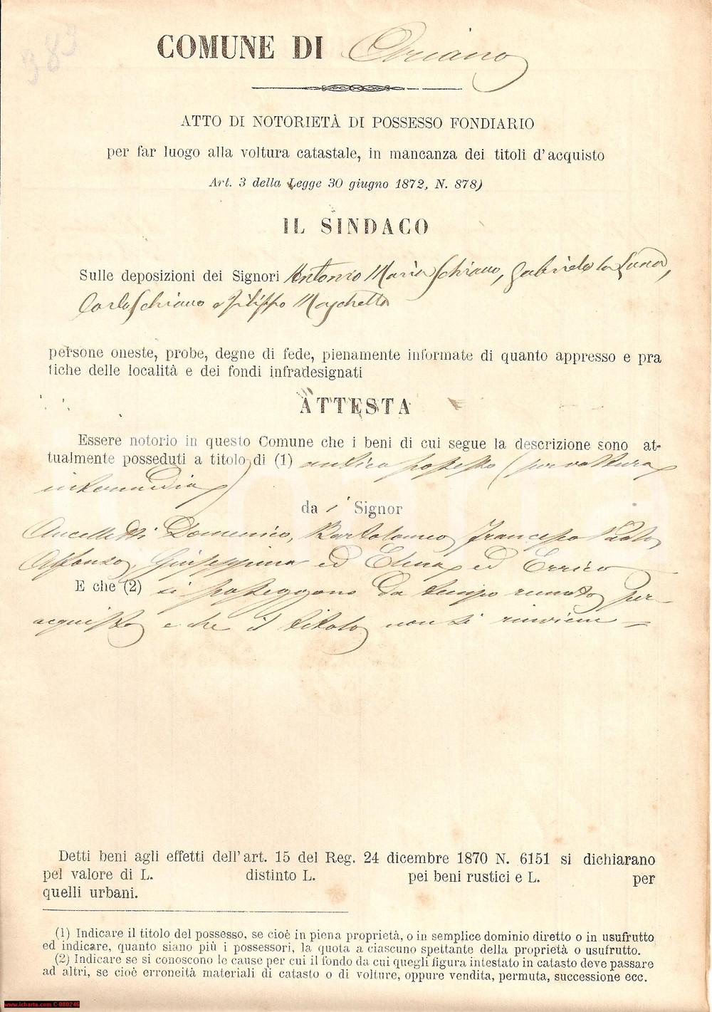 Documento originale, autentico 1886 ARIANO IRPINO AV Possedimenti Domenico AUCELLETTI 1