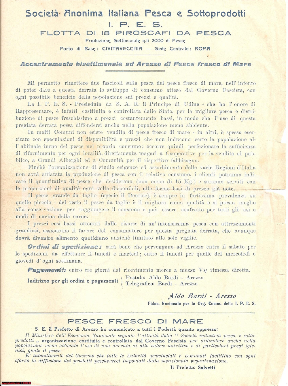 Documento originale, autentico 1935 circa AREZZO Concentramento pesce fresco  I.P.E.S. 1